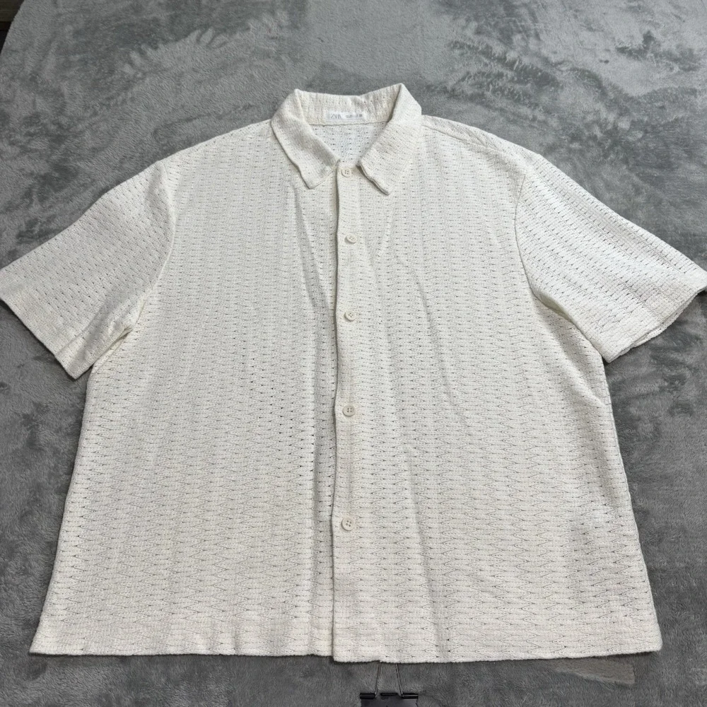 Zara Geometric Jacquard Button Shirt Mens L White Coastal Summer Beach Boho